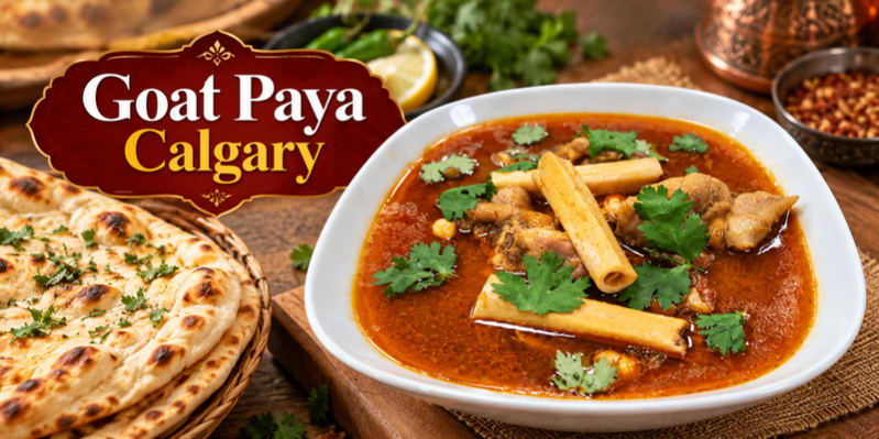 Goat Paya Calgary served as a traditional Pakistani dish at Khan Baba